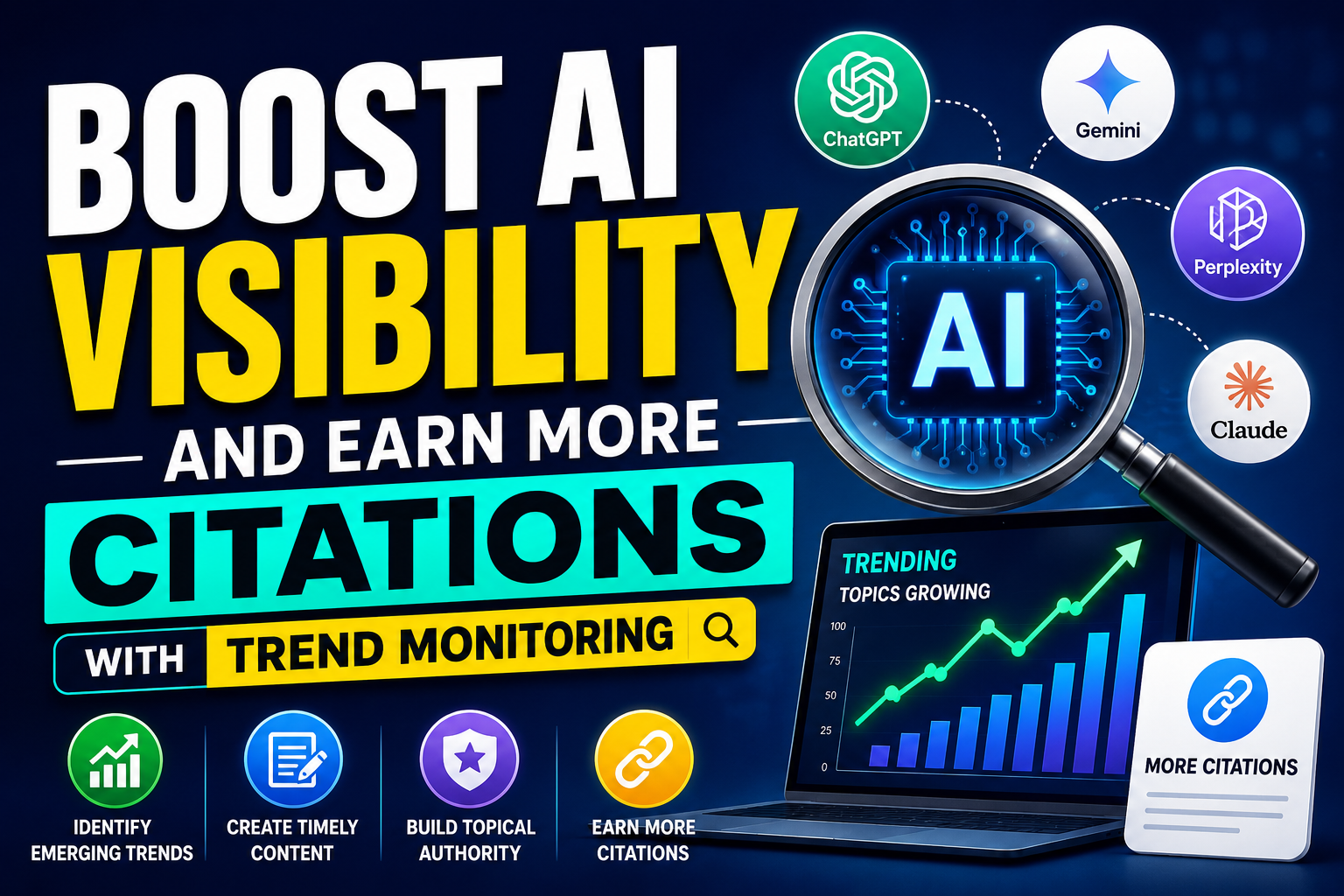 Boost AI visibility and earn more citations with trend monitoring, featuring AI search platforms, an AI magnifying glass, trending analytics charts, and content authority icons.