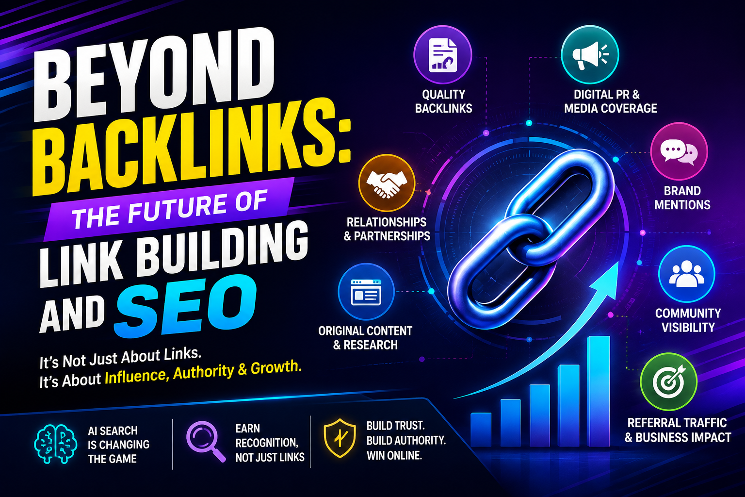 Beyond Backlinks SEO glowing chain link, digital PR, brand mentions, original content, community visibility, referral traffic, authority, and SEO growth.