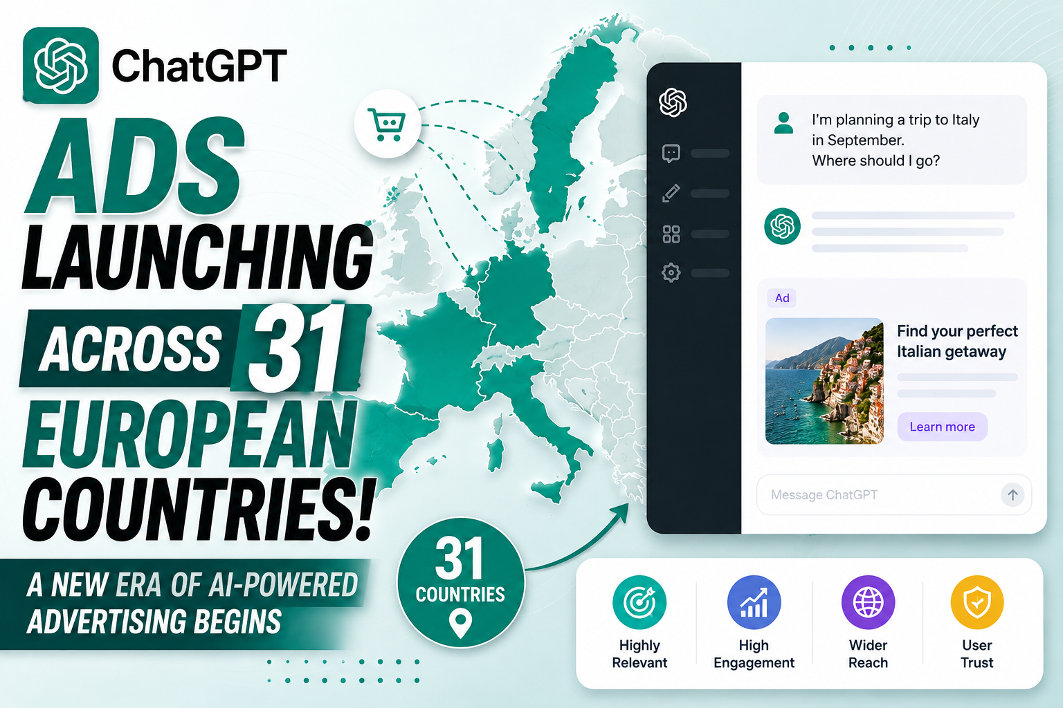 ChatGPT Ads are launching across 31 European countries. Discover what this AI advertising rollout means for businesses, brand visibility, conversational marketing, SEO, GEO, and the future of digital advertising.
