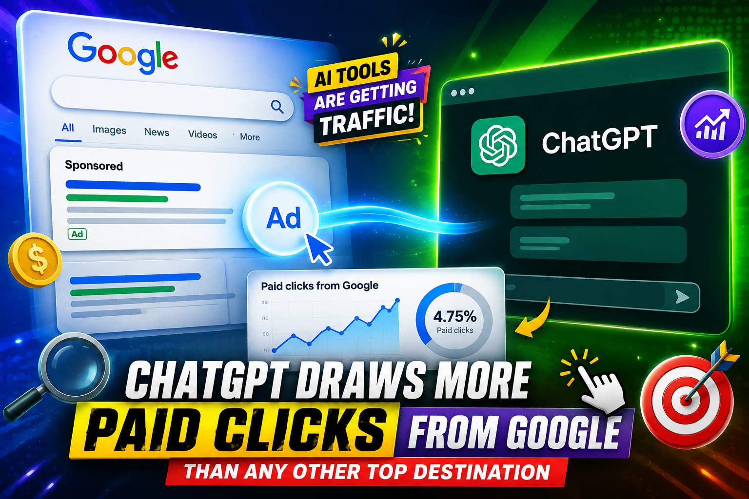 ChatGPT draws more paid clicks from Google, shown with Google Ads, a ChatGPT interface, traffic analytics, and a 4.75% paid-click indicator.