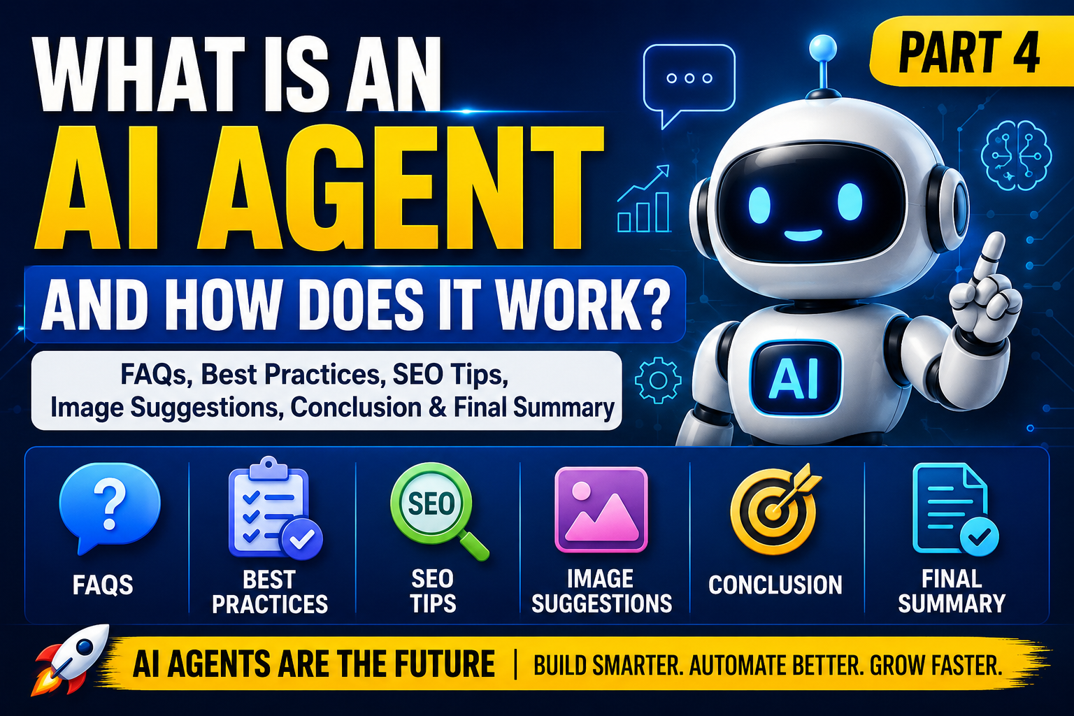 What Is an AI Agent and How Does It Work? Part 4" showing a futuristic AI robot on a blue technology background with bold text highlighting FAQs, best practices, SEO tips, image suggestions, conclusion, and final summary.