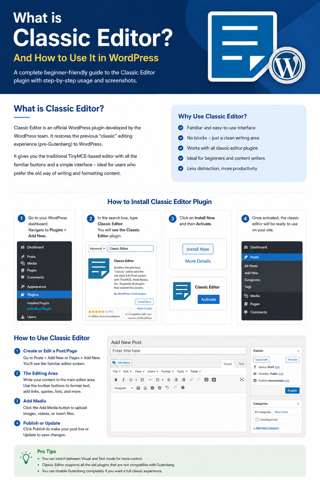 Classic Editor WordPress plugin guide showing how to install, activate, configure, and use the traditional WordPress editor with step-by-step instructions.