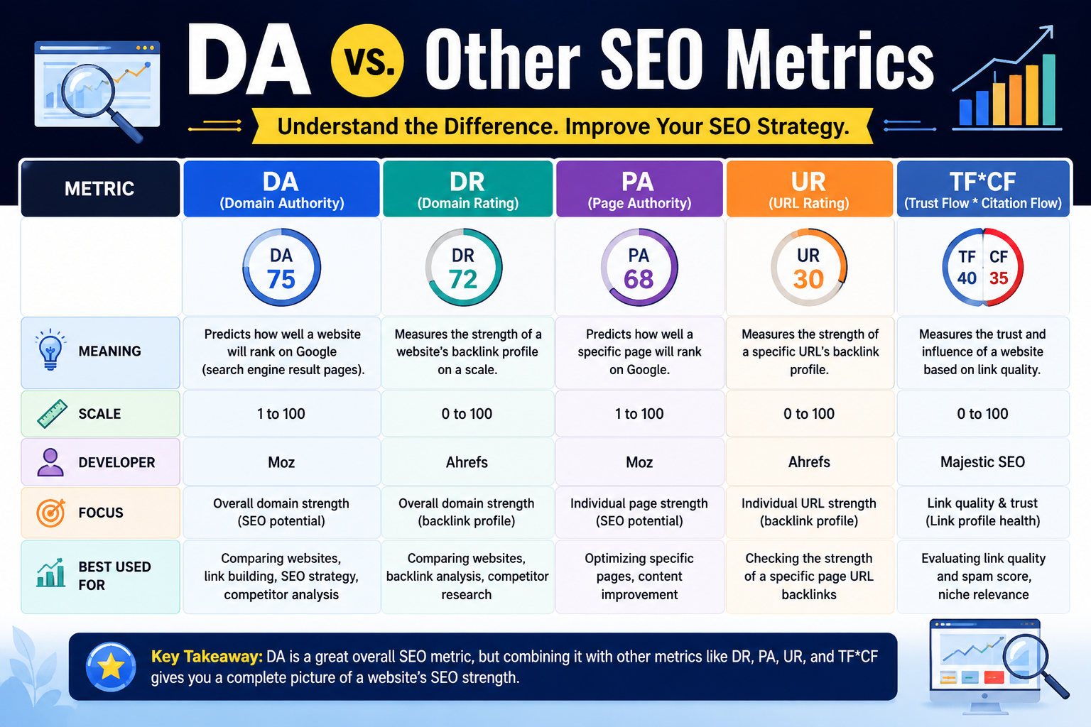 DA vs. other SEO metrics infographic comparing Domain Authority (DA), Domain Rating (DR), Page Authority (PA), URL Rating (UR), and Trust Flow/Citation Flow (TF/CF), including their scales, developers, SEO focus, and best uses.
