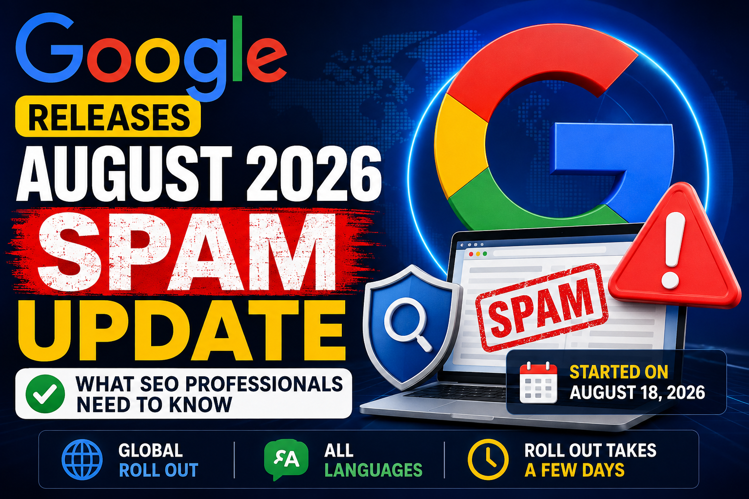 Google August 2026 Spam Update thumbnail showing Google logo, spam warning, laptop, and global rollout details