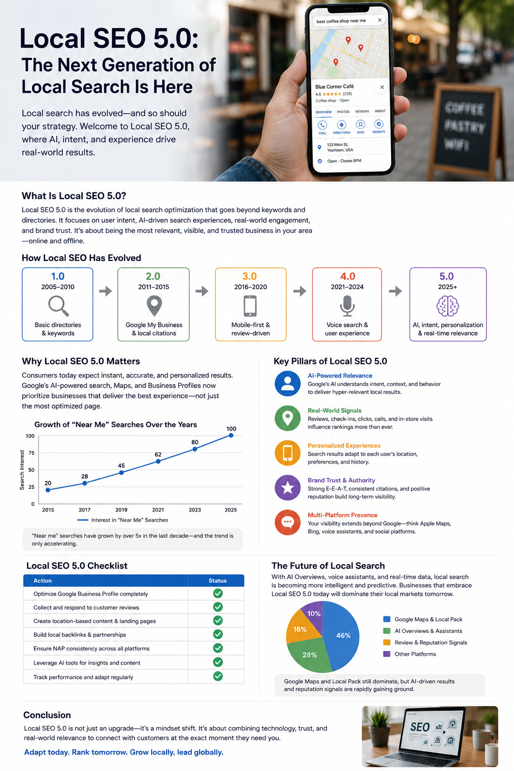  Discover Local SEO 5.0 and learn how AI, Google Maps, reviews, personalization, local content, and real-world signals are transforming local search.
