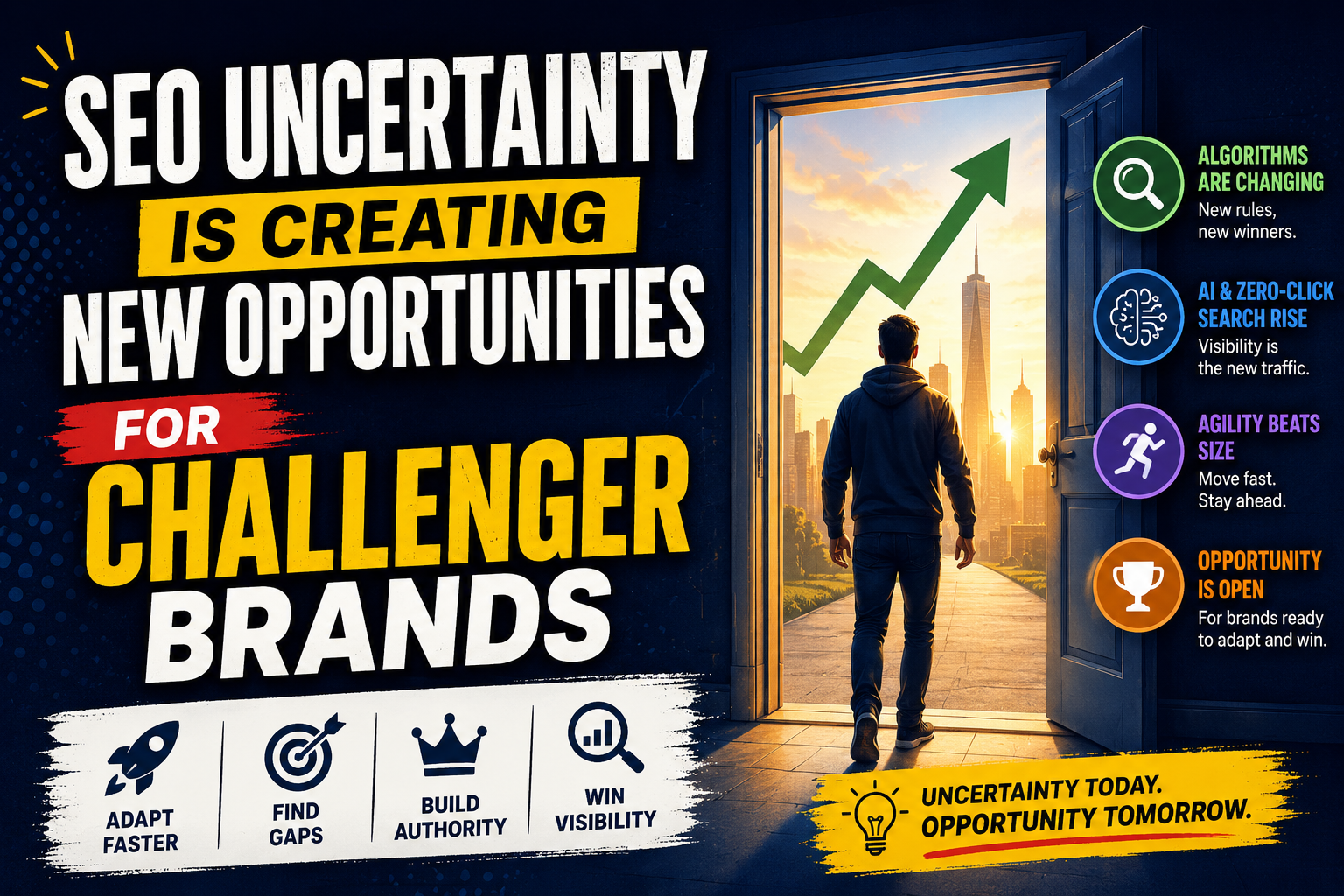SEO uncertainty creating new opportunities for challenger brands, featuring changing algorithms, AI and zero-click search, rising visibility, and a brand moving toward new growth opportunities.