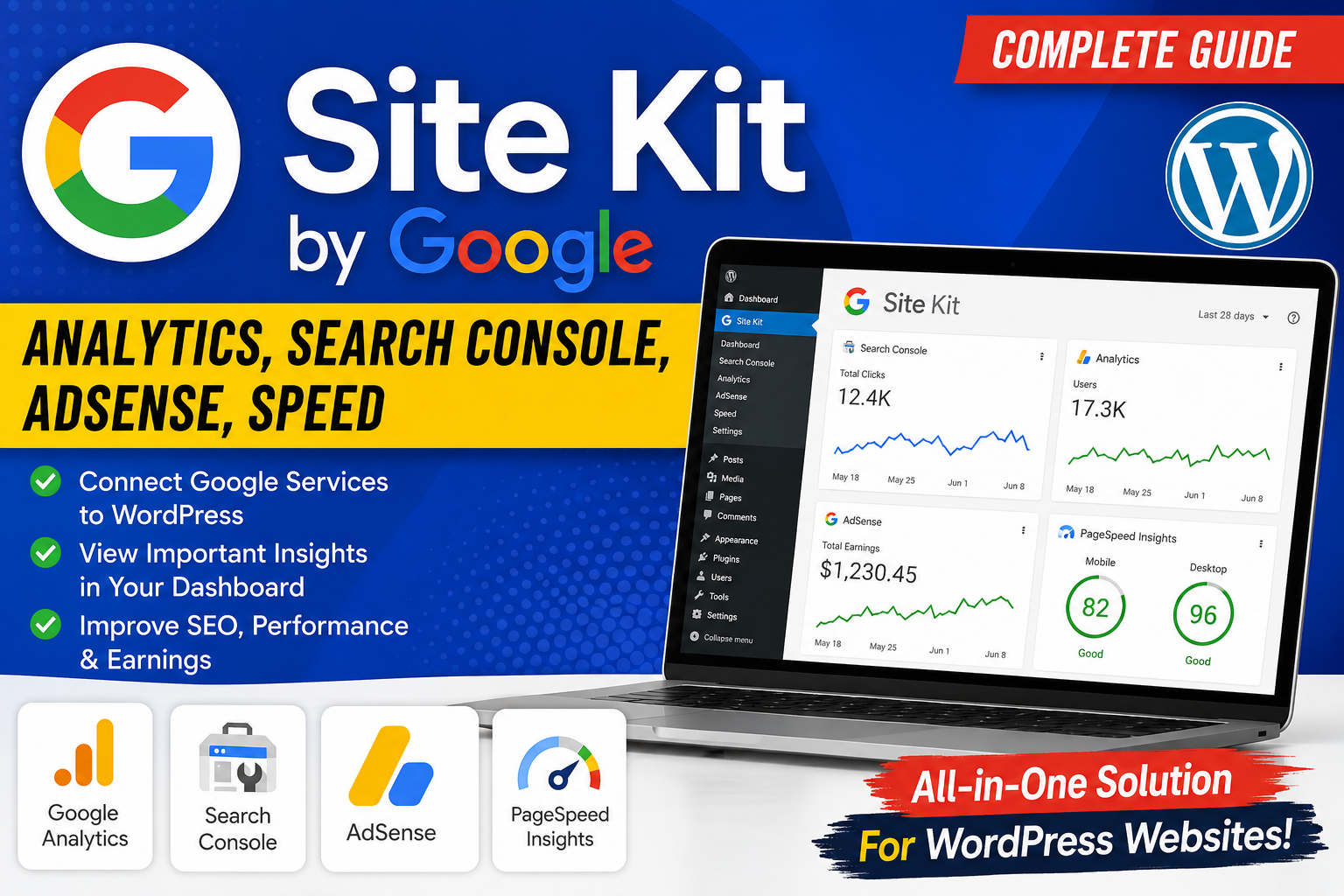 Site Google WordPress plugin dashboard showing Analytics, Search Console, AdSense, and PageSpeed Insights