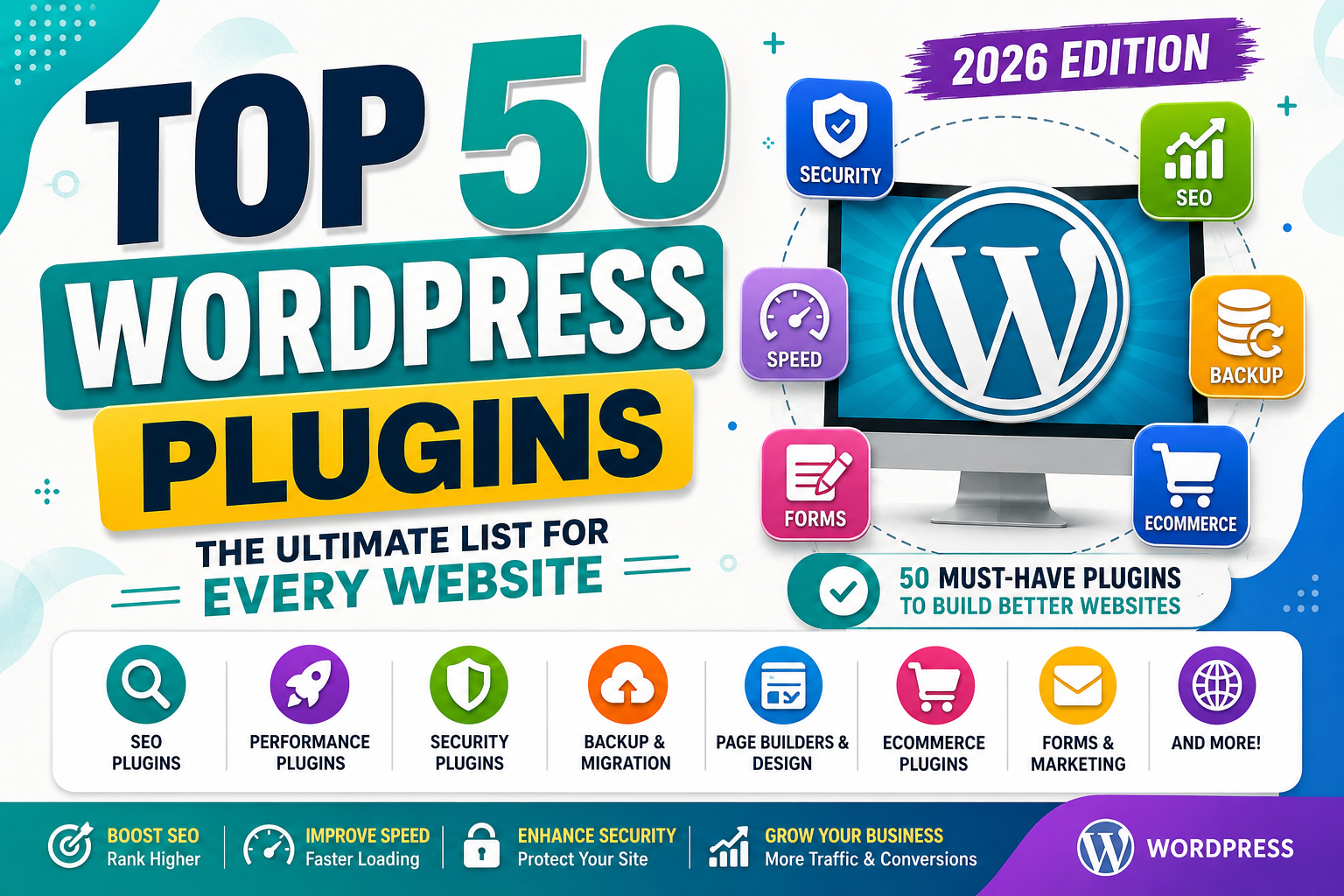 Top 50 WordPress plugins 2026 thumbnail featuring SEO, speed, security, backup, forms, eCommerce, page builders, and marketing categories.