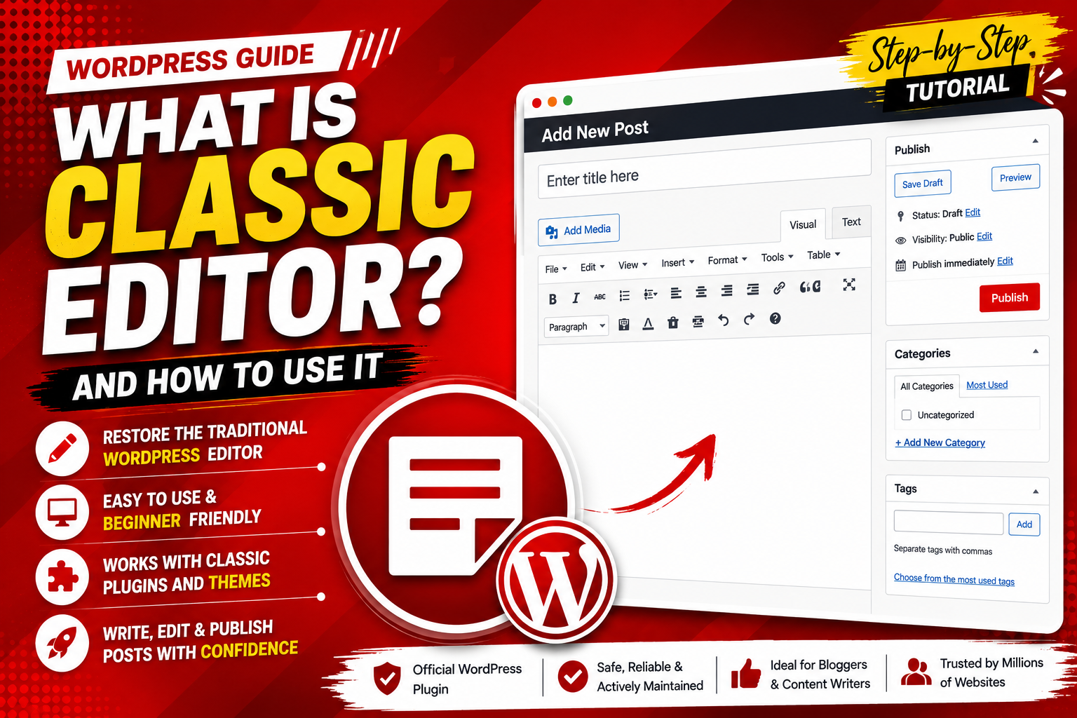 Red WordPress Classic Editor tutorial thumbnail showing the traditional editor interface, publishing tools, and step-by-step guide.
