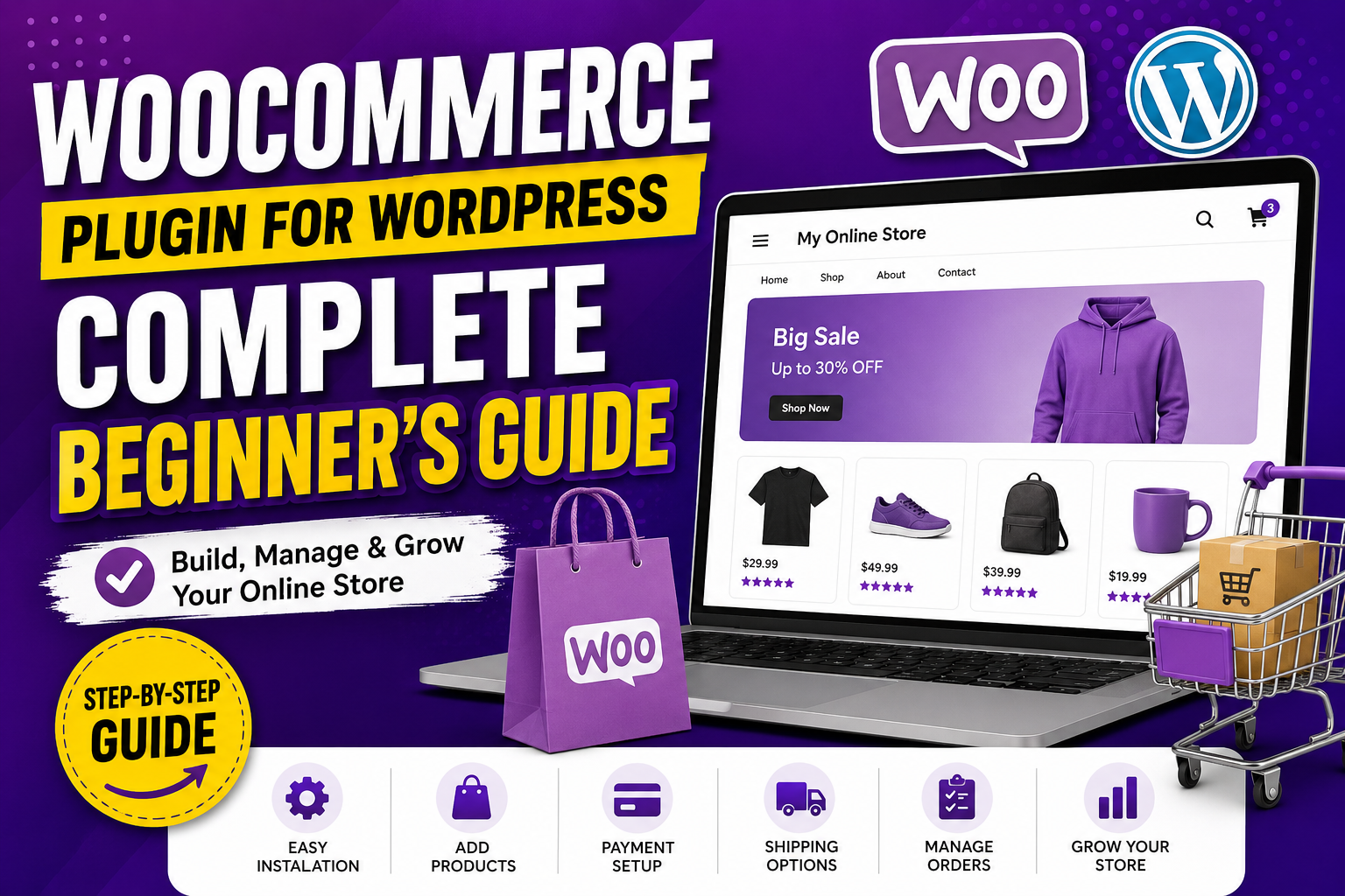 WooCommerce Plugin for WordPress complete beginner’s guide with online store, products, payments, shipping, and order management.