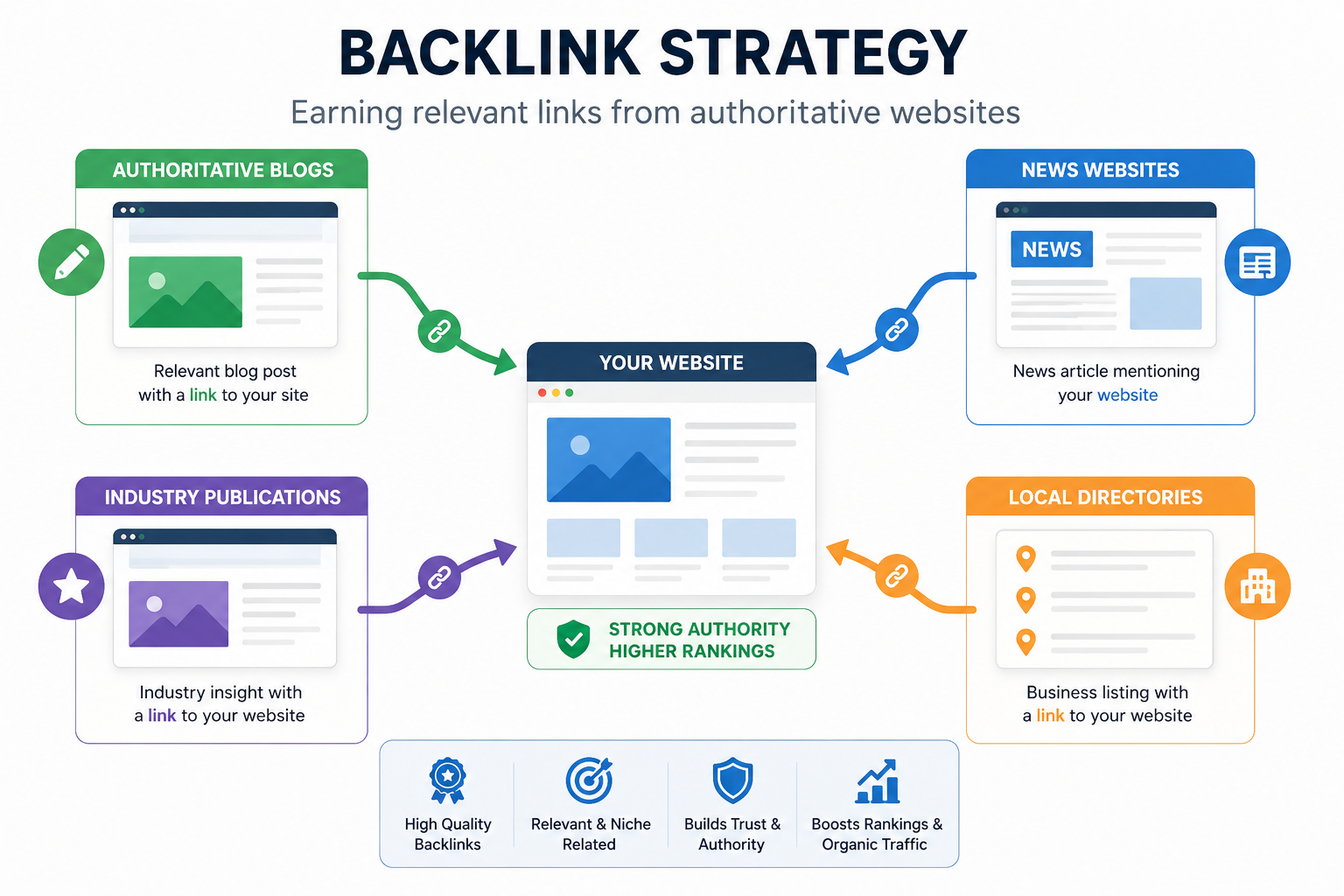 Backlink strategy showing a central website receiving relevant links from authoritative blogs, news websites, industry publications, and local directories to build authority and improve search rankings.