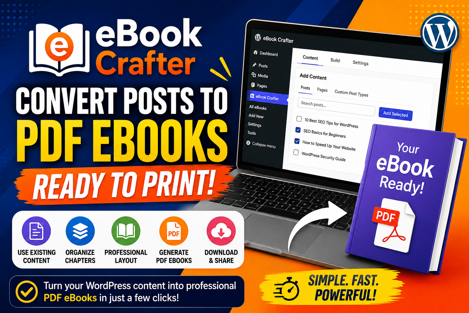 eBook Crafter WordPress plugin thumbnail showing how to convert WordPress posts into professional PDF eBooks ready to print and share.
