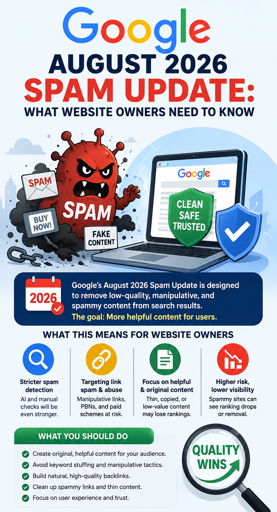 Google August 2026 Spam Update began rolling out on August 18, 2026. The global update focuses on improving search quality by identifying and reducing spammy and manipulative SEO practices. Learn what the update means for websites, AI-generated content, backlinks, rankings, and SEO strategies.