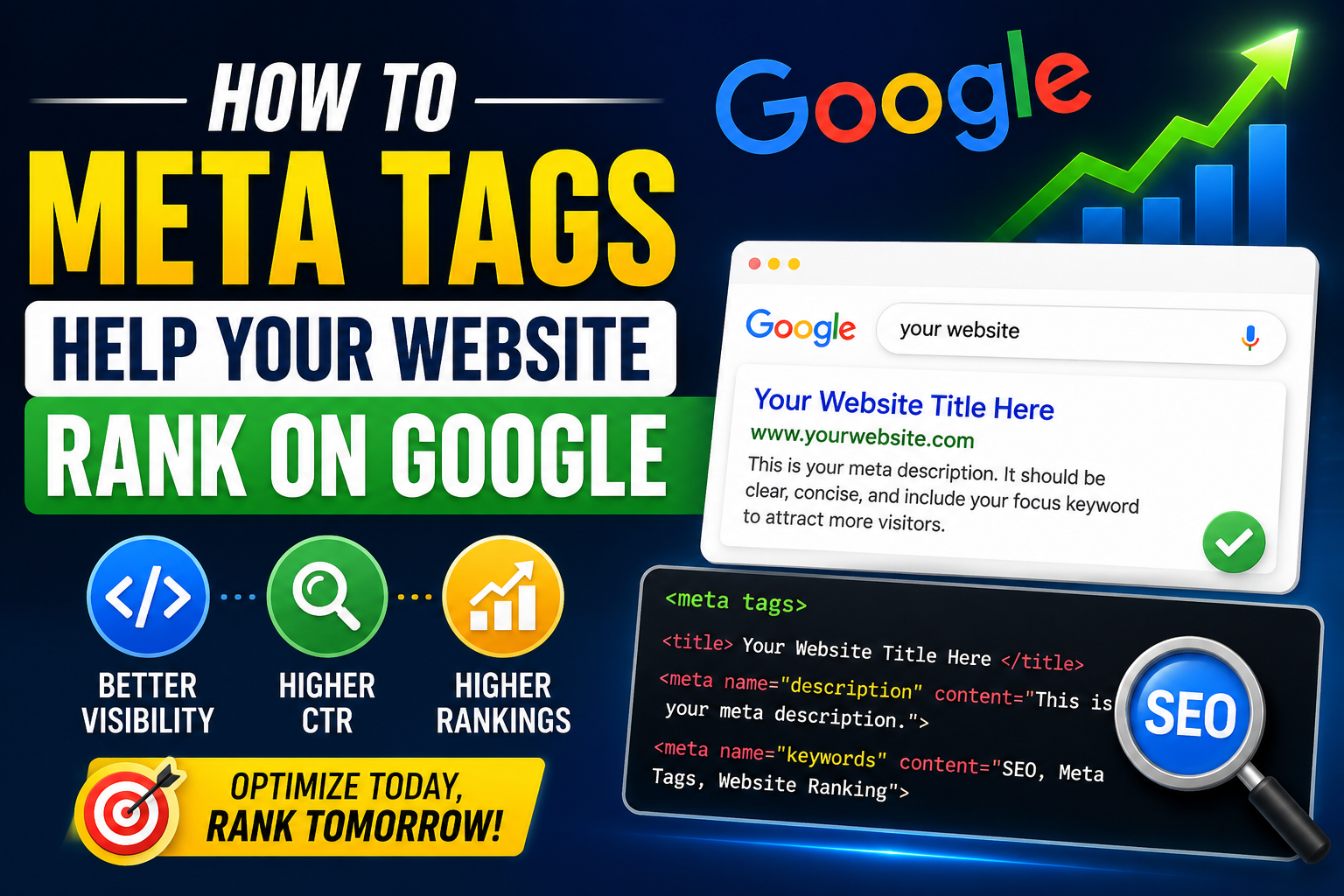 Meta Tags Help Your Website Rank on Google – SEO infographic showing Google search results, meta title, meta description, HTML meta tags, SEO code, ranking chart, search visibility, higher CTR, and website optimization for better Google rankings.