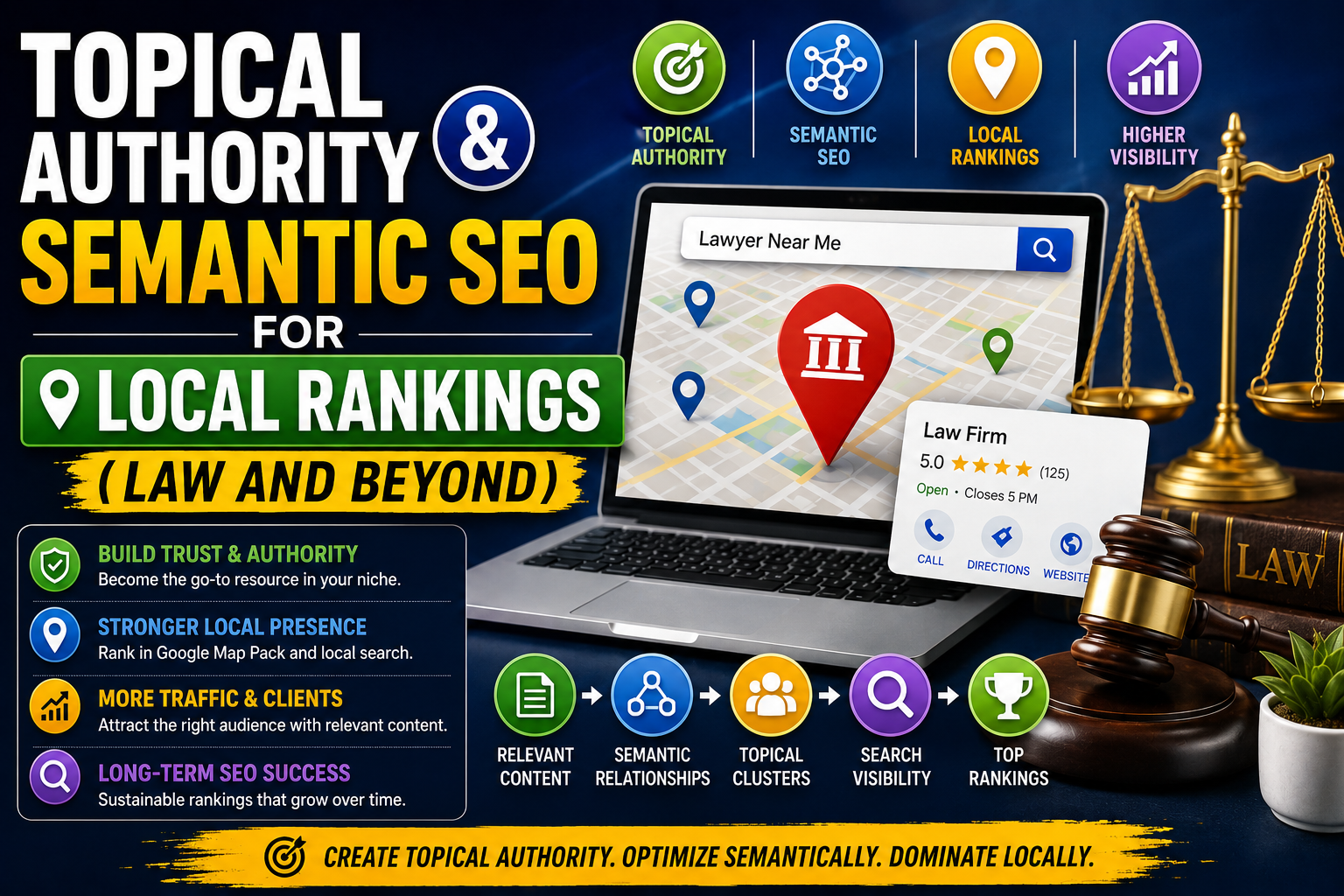Topical Authority and Semantic SEO for local rankings, featuring a law firm, “Lawyer Near Me” local search map, SEO concepts, and higher local visibility