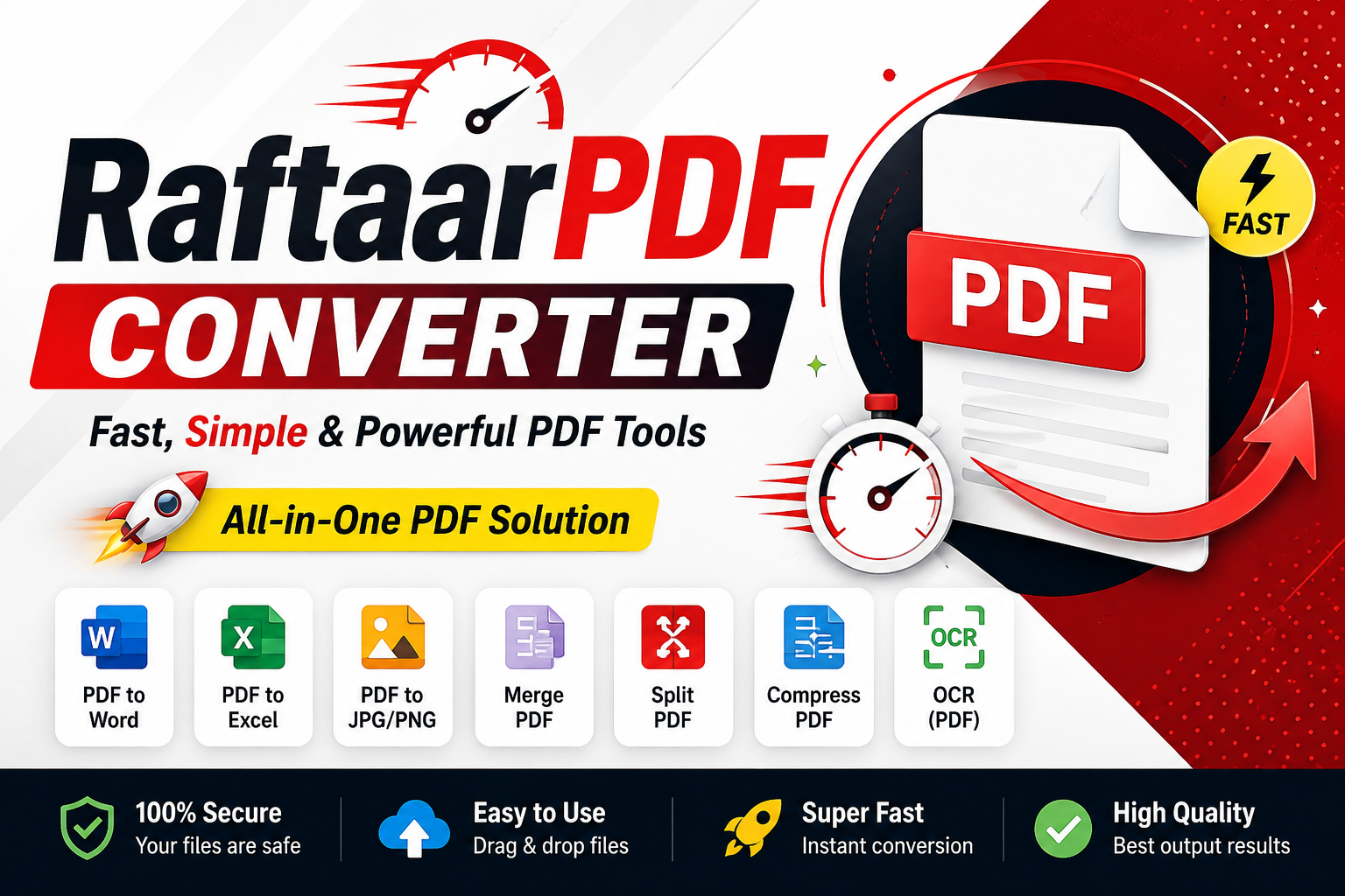 RaftaarPDF Converter thumbnail featuring fast PDF conversion, PDF to Word, Excel, JPG/PNG, merge, split, compression, and OCR tools.