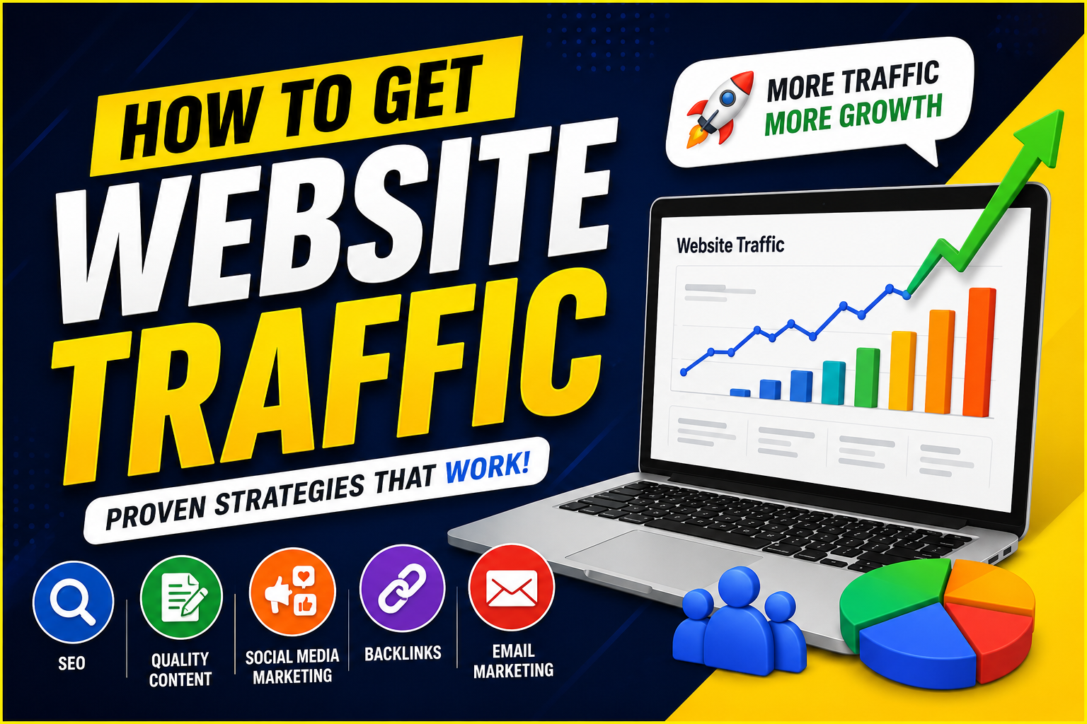 How to get website traffic using SEO, quality content, social media marketing, backlinks, and email marketing.